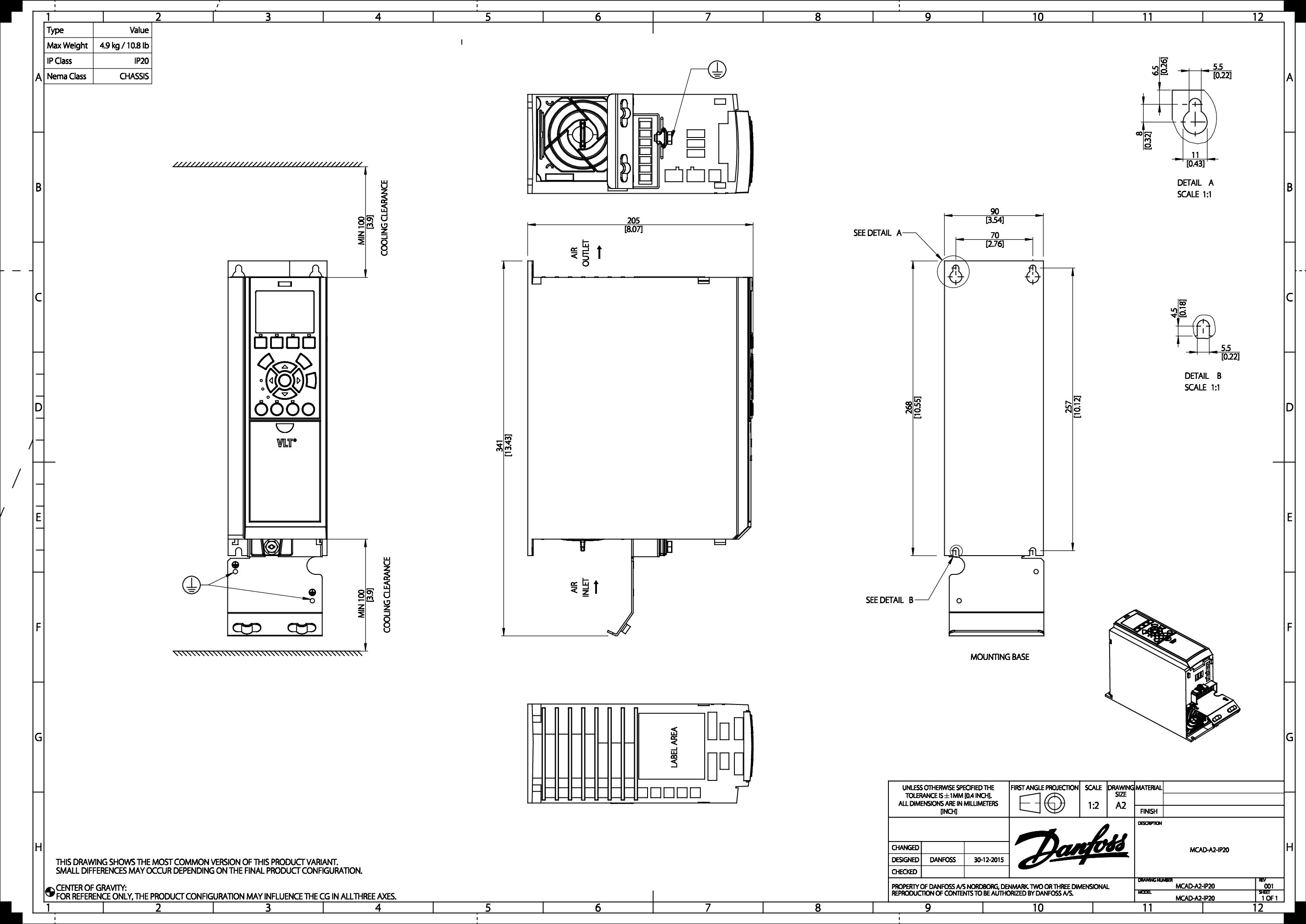 131B3489 Dimensions Danfoss 131B3489 Inverter Drive - 4kW, IP20